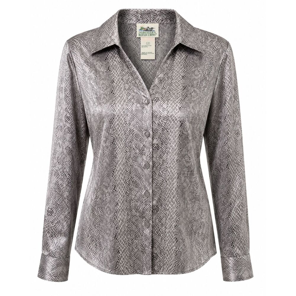 Northern Reflections Gray Snakeskin Print Button Front Blouse Women's Large